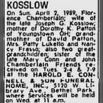 Florence Chamberlain Kosslow 1989 Death Notice.JPG