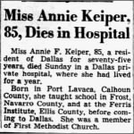Annie Keiper 1947 DMN Death Notice.JPG