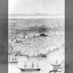 Panoramic view of New Orleans; Federal fleet at anchor in the river (c.1862).